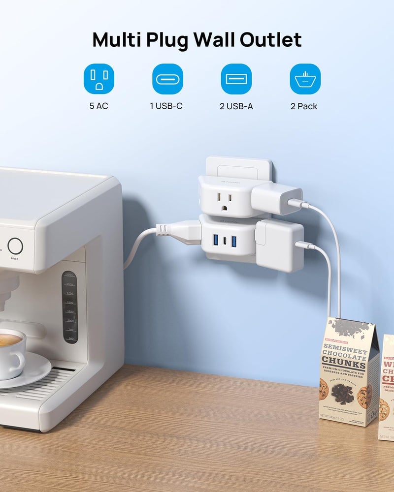 TROND Multi Plug Outlet Extender with USB - 2 Pack Wall Splitter, 3 Way Angled Outlet Adapter, Cruise Essentials, Small Multiple Expander for Cruise Ship Travel Home Office Dorm Room - Image 2